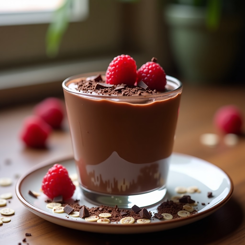 Copa de cristal con mousse de chocolate y avena sin azúcar, decorada con virutas de chocolate negro y frutos rojos, sobre una mesa rústica de madera.