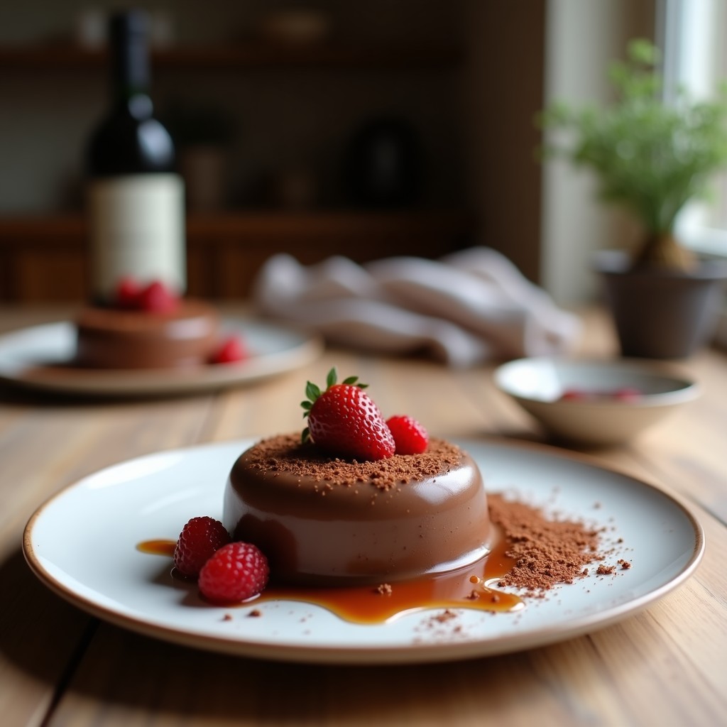 Copa de cristal transparente con mousse de chocolate negro y avena, decorado con virutas de chocolate y canela en polvo, sobre una mesa de madera rústica.