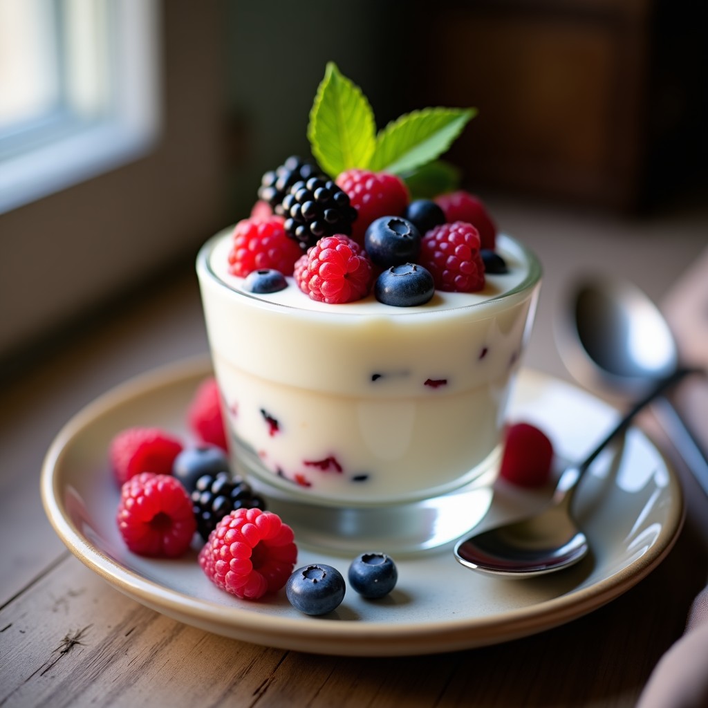 Copa de cristal transparente con mousse de chocolate blanco sin azúcar, coronada con frutos del bosque frescos (frambuesas y arándanos). Textura cremosa y aireada, fondo borroso con detalles de cocina francesa elegante.