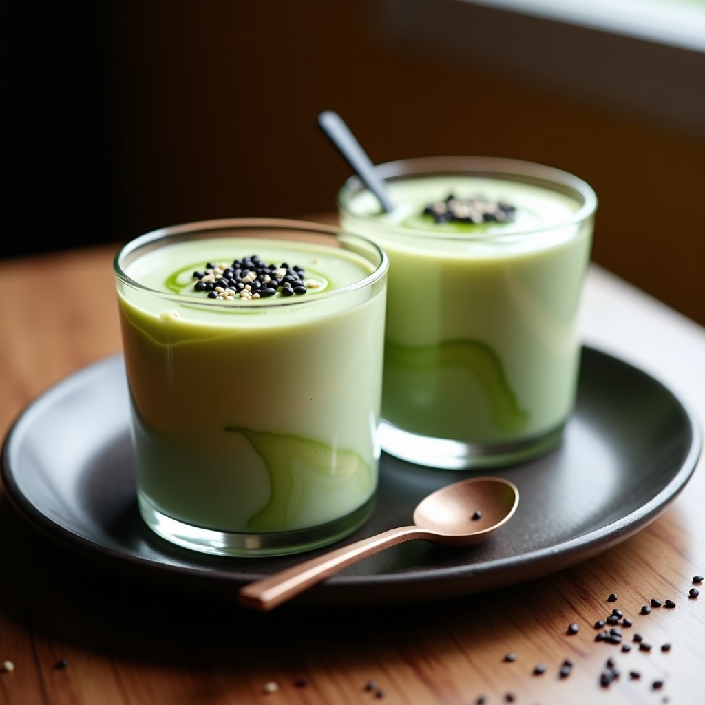 Copas de cristal transparente con mousse de chocolate blanco y matcha en capas marmoleadas, decoradas con pistachos picados y virutas de coco. Postre japonés vegano esponjoso y cremoso, con tonos verdes y blancos.