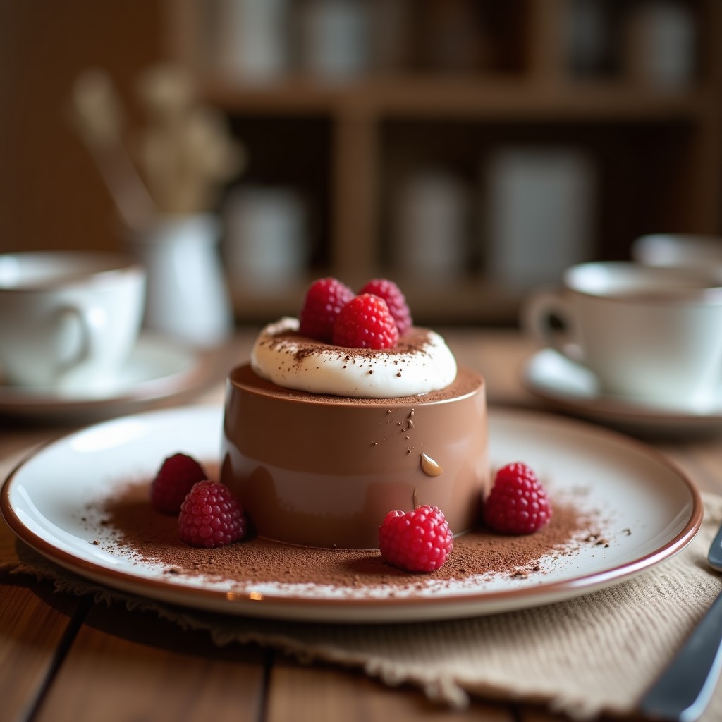 Copa de cristal transparente con mousse de chocolate y café vegano, textura sedosa y brillante, decorada con almendras fileteadas y cacao en polvo, receta airfryer.