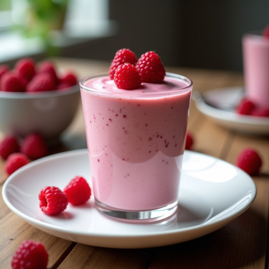 Copa de cristal transparente con mousse de frambuesa y aquafaba, textura esponjosa y color rosado intenso, decorada con frambuesas frescas y almendras fileteadas tostadas, fondo borroso con ingredientes como garbanzos y frambuesas.