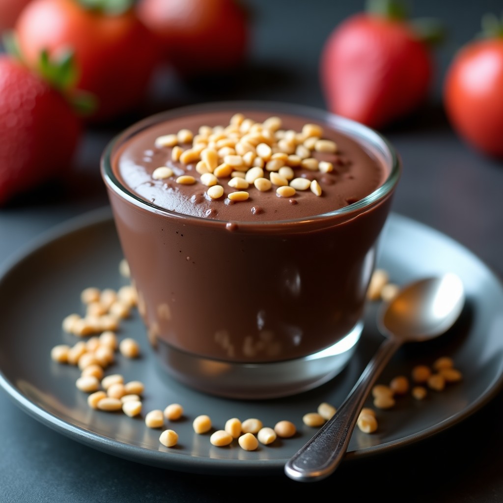 Copa de cristal transparente con mousse de garbanzos y chocolate negro, textura sedosa y brillante, decorada con semillas de sésamo tostadas. Plato negro de fondo con virutas de chocolate negro y una cuchara de postre. Receta de postre proteico sin horno.