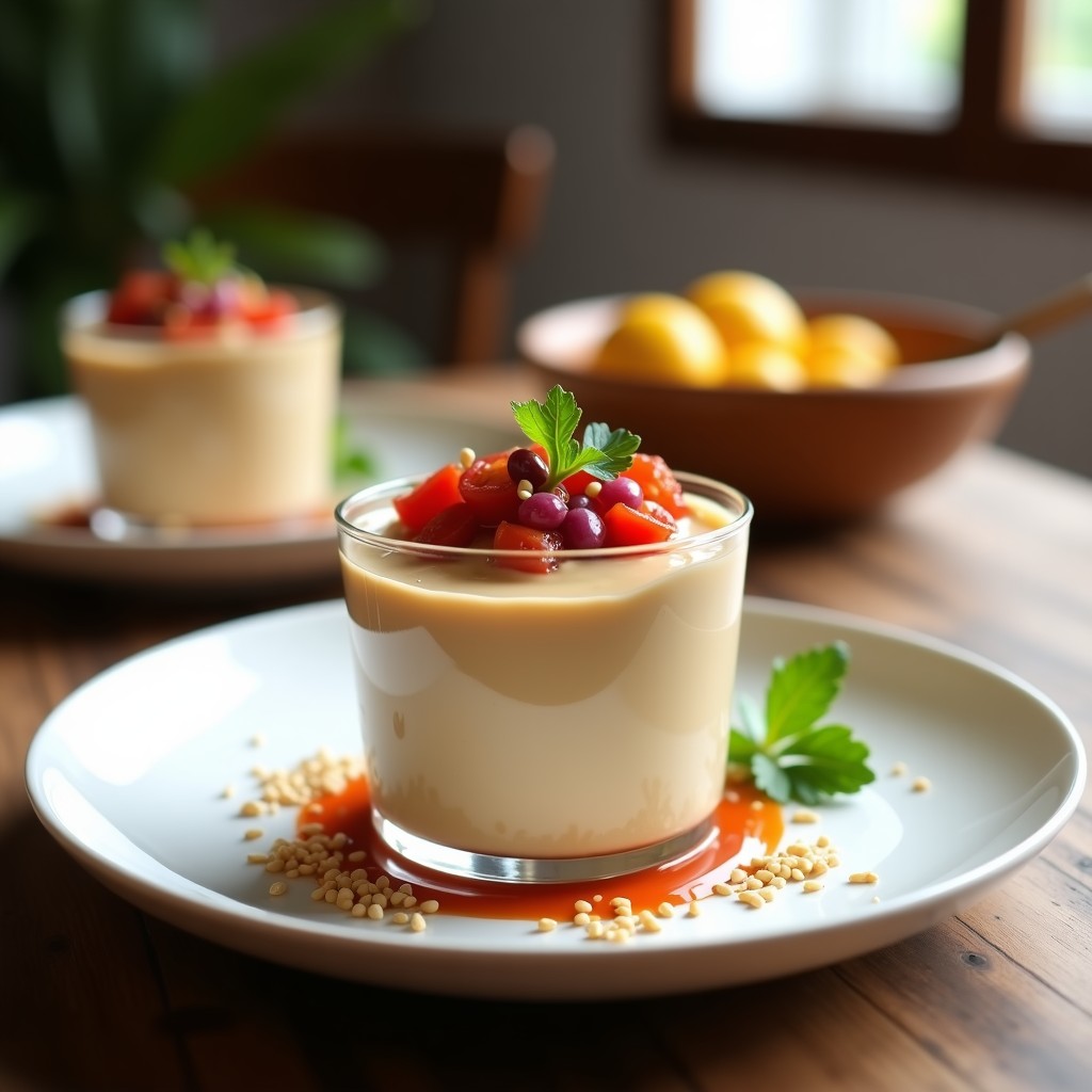 Copa elegante con mousse de garbanzos y tahini de color beige claro, coronada con cruise de tomate rojo y cebolla morada, decorada con semillas de sésamo y hojas de cilantro. Plato de fondo con textura rústica y luz natural.
