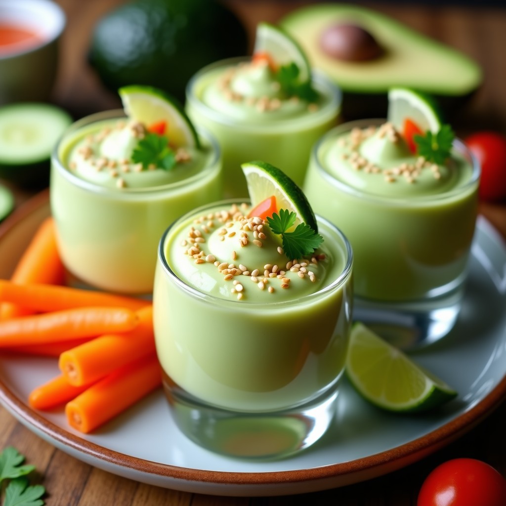 Copas de cristal transparente con mousse de guacamole y aquafaba, textura aireada y color verde claro, decorada con rodajas de limón verde, hojas de cilantro y semillas de sésamo. Plato de aperitivo vegano sin aceite y alto en proteína, servido con crudités al lado.