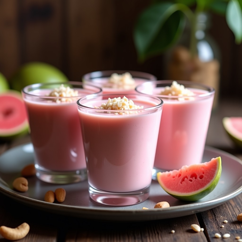 Copas de cristal transparente con mousse de guayaba y queso de anacardos keto, decoradas con coco rallado y semillas de sésamo, sobre fondo rústico de madera oscura.