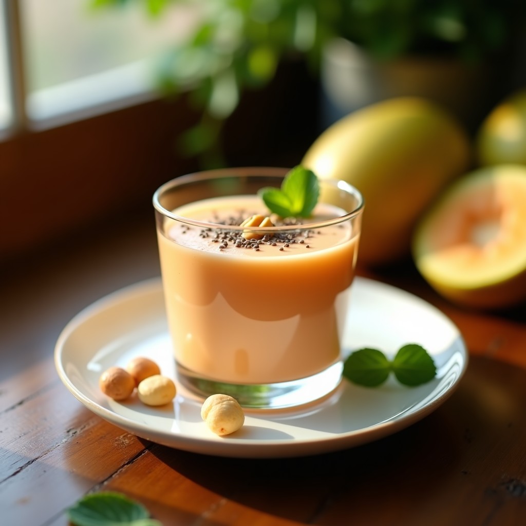 Copa de cristal con mousse de guayaba y queso de macadamia sin azúcar, decorada con semillas de chía y nueces de macadamia picadas, servida sobre una mesa rústica de madera con hojas de menta al lado.