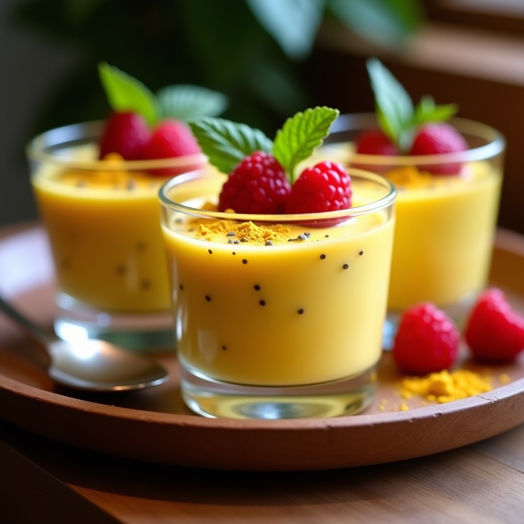 Copas de cristal transparente con mousse de lúcuma y cúrcuma, de color dorado cremoso, decorada con semillas de chía, cúrcuma en polvo y frutos rojos frescos. Postre antiinflamatorio peruano sin lácteos, servido sobre una mesa de madera rústica con hojas de menta.