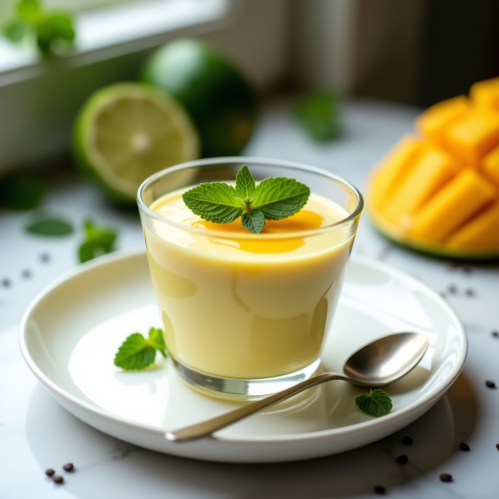 Copa de cristal transparente con mousse de mango y aguacate con lime vegana, textura cremosa y color amarillo pálido, decorada con hojas de menta y un hilo de jugo de lime, sobre fondo blanco con cucharilla de postre.