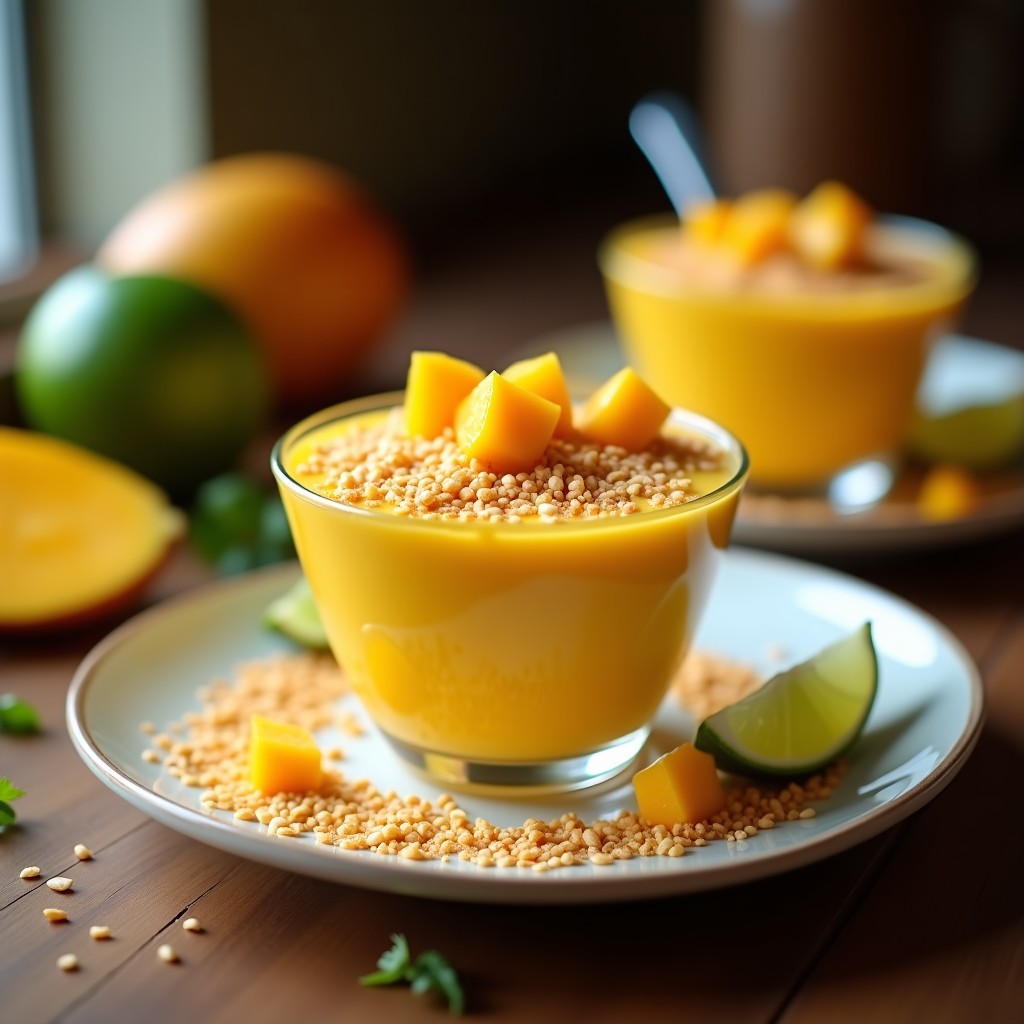 Copa de cristal con mousse de mango y chile de color amarillo vibrante, coronada con crujiente de amapola y coco tostado, trozos de mango fresco y un ligero polvillo de chile de árbol. Postre mexicano vegano picante-dulce.