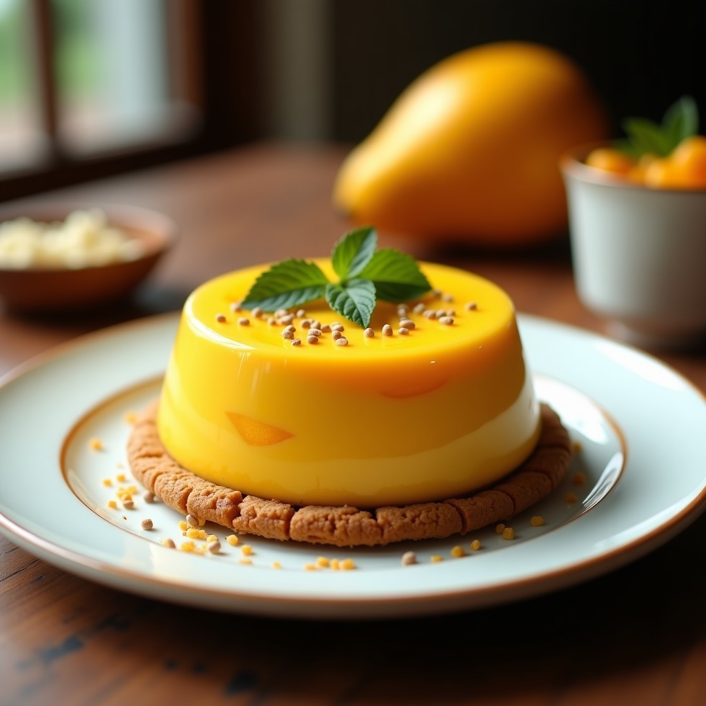 Mousse de mango y cúrcuma con base de galleta de almendra, servida en un plato blanco con decoración de semillas de chía y hojas de menta. Postre vegano sin azúcar y sin lácteos con textura cremosa y base crujiente.