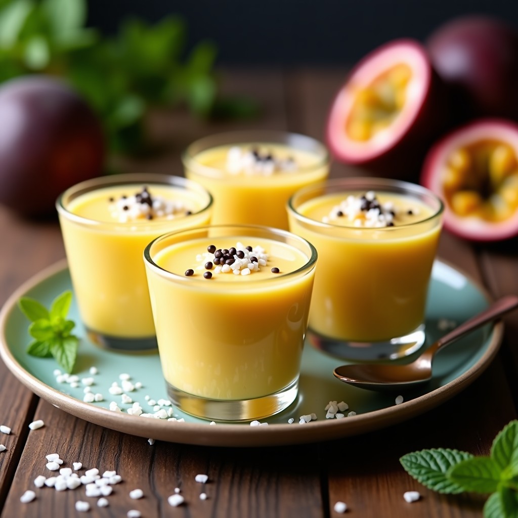 Copas de cristal transparente con mousse de maracuyá y acerola keto sin azúcar, coronadas con semillas de chía y virutas de coco, sobre un fondo de madera rústica con hojas de menta.