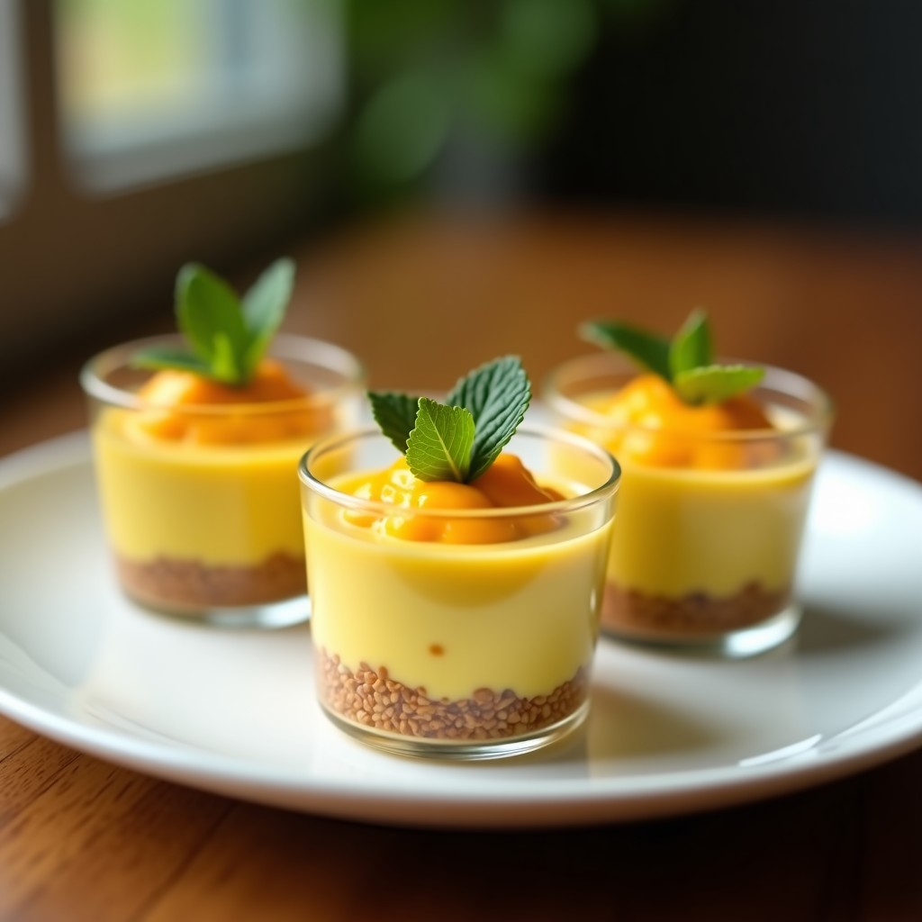 Postre vegano en moldes individuales: mousse cremosa de color amarillo intenso de maracuyá y aguacate sobre una base dorada de almendras, decorado con semillas de maracuyá y hoja de menta.