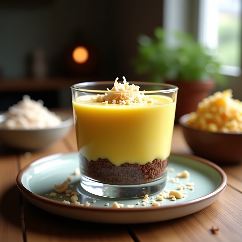 Copa de cristal transparente con mousse de maracuyá y aguacate de color amarillo vibrante sobre una base oscura de cacao y almendras tostadas, decorada con coco rallado y semillas de maracuyá, postre keto sin lácteos.