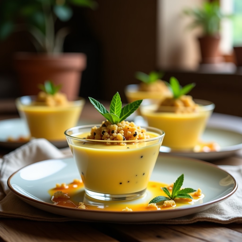 Mousse de maracuyá y aquafaba servida en copas de cristal con crujiente de quinoa inflada dorada por encima, decorada con semillas de maracuyá y hojas de menta, postre peruano sin azúcar