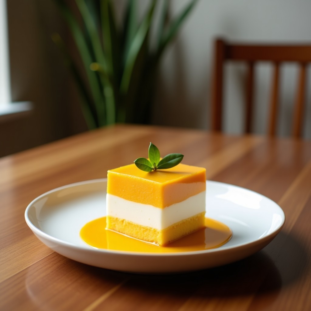 Copas de cristal transparente con mousse de maracuyá y chía en capas amarillas y negras, coronadas con coco rallado tostado dorado. Postre vegano sin cocción, servido en una mesa rústica de madera con hojas de menta como decoración.