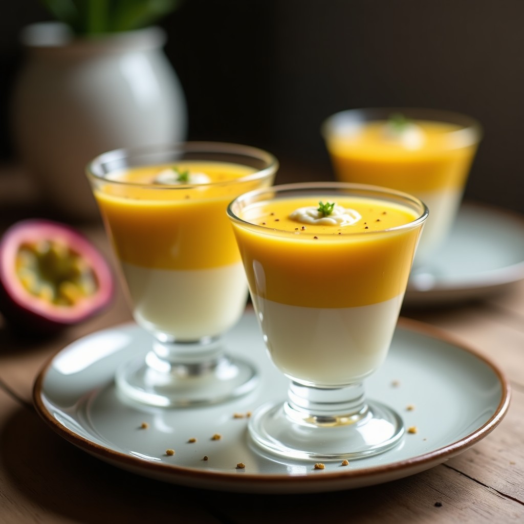Copas de cristal transparente con capas de mousse de maracuyá amarillo vibrante y chocolate blanco cremoso, decoradas con hilos de pulpa de maracuyá y virutas de chocolate. Postre vegano sin huevo con textura aireada.
