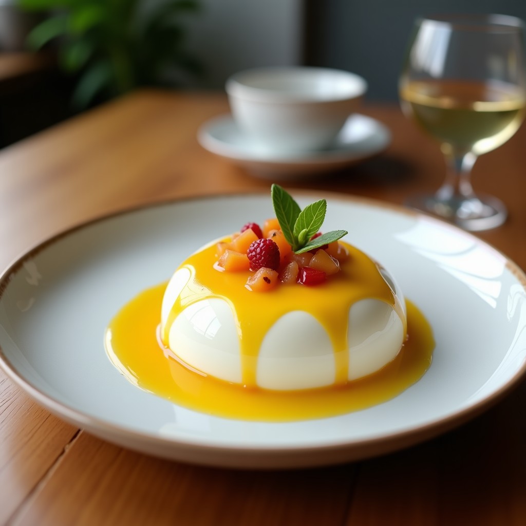 Copas de cristal transparente con mousse de maracuyá y clara de huevo sin azúcar, postre keto ultraesponjoso, decorado con gotas de puré de maracuyá y virutas de coco sobre fondo blanco.