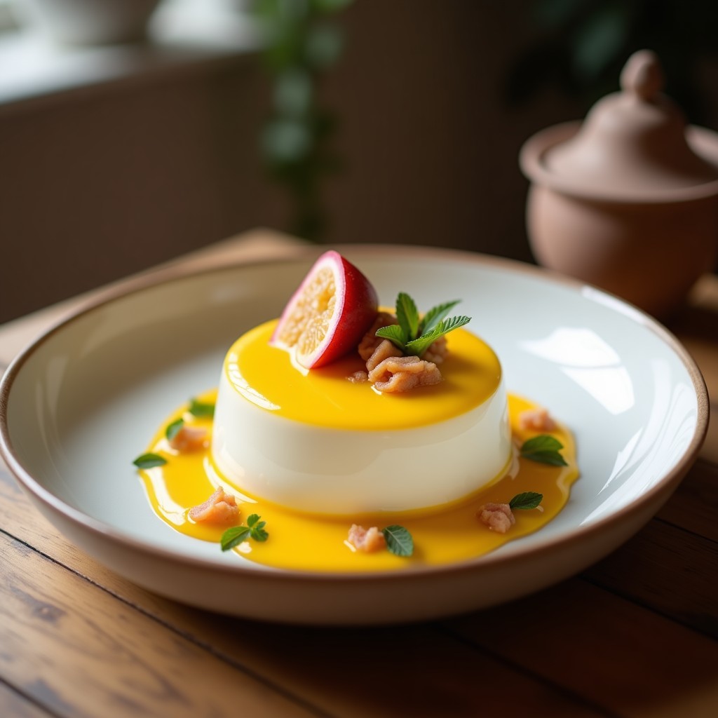 Copa de cristal transparente con mousse de maracuyá y coco en capas, base crujiente de chía tostada y coco rallado, decorada con semillas de chía y un hilo de pulpa de maracuyá amarilla. Postre colombiano sin azúcar, fresco y elegante.