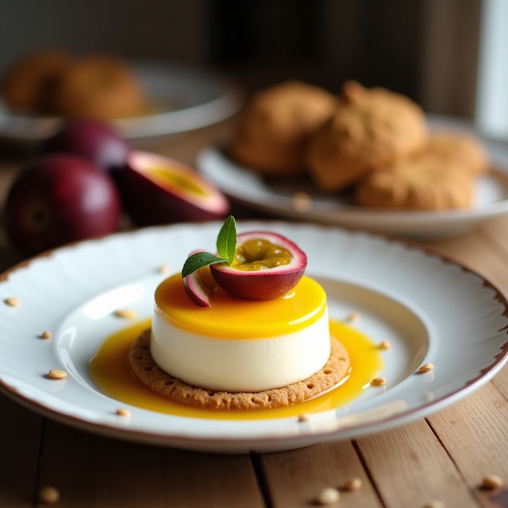 Mousse de maracuyá y coco con base crujiente de galletas de almendra, servida en copa de cristal. Capas visibles de crema amarilla y blanca, decorada con coco rallado y semillas de maracuyá, postre brasileño sin lácteos.