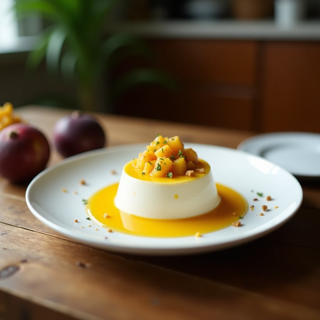 Copa de cristal transparente con mousse de maracuyá y coco vegano, decorada con coco rallado y semillas de maracuyá, sobre fondo blanco con hojas de menta.