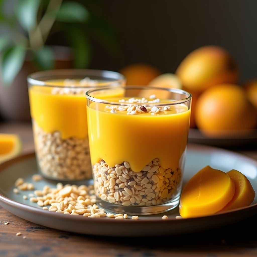 Mousse cremosa de maracuyá y mango con base crujiente de avena, servida en copas transparentes. El postre brasileño sin azúcar destaca por su color amarillo vibrante y su decoración con semillas de maracuyá y hebras de mango fresco.
