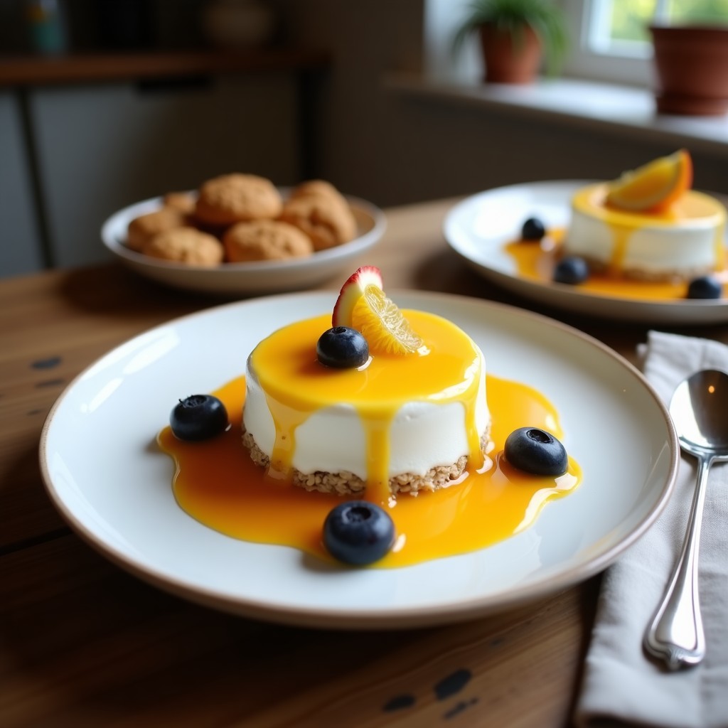 Copas transparentes con mousse de maracuyá y yogur de coco de color amarillo pálido, coronadas con semillas de chía y pulpa de maracuyá. Base crujiente de avena dorada en el fondo. Postre vegano sin lactosa servido en table de madera rústica con hojas de menta.