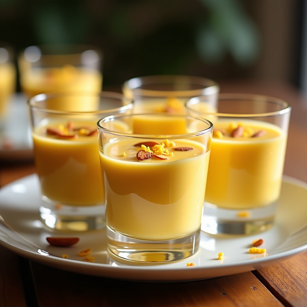Copas de cristal transparente con mousse de maracuyá y yogur griego, decoradas con almendras fileteadas tostadas y un toque de ralladura de limón, postre colombiano bajo en calorías.