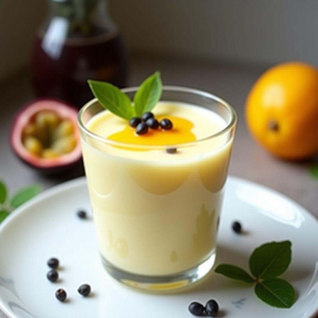 Copa de cristal transparente con mousse de maracuyá y yogur de soja vegano, textura cremosa y brillante, decorada con semillas de maracuyá y un hilo de pulpa amarilla. Fondo blanco con detalles de hojas verdes.