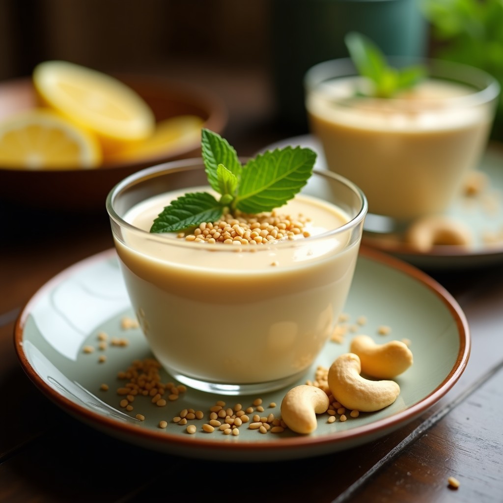 Copa de cristal transparente con mousse de marañón y limón yuzu keto, textura sedosa y color crema con vetas amarillas, decorada con semillas de sésamo negro tostadas y cáscara de yuzu rallada, sobre fondo blanco con hojas de menta.