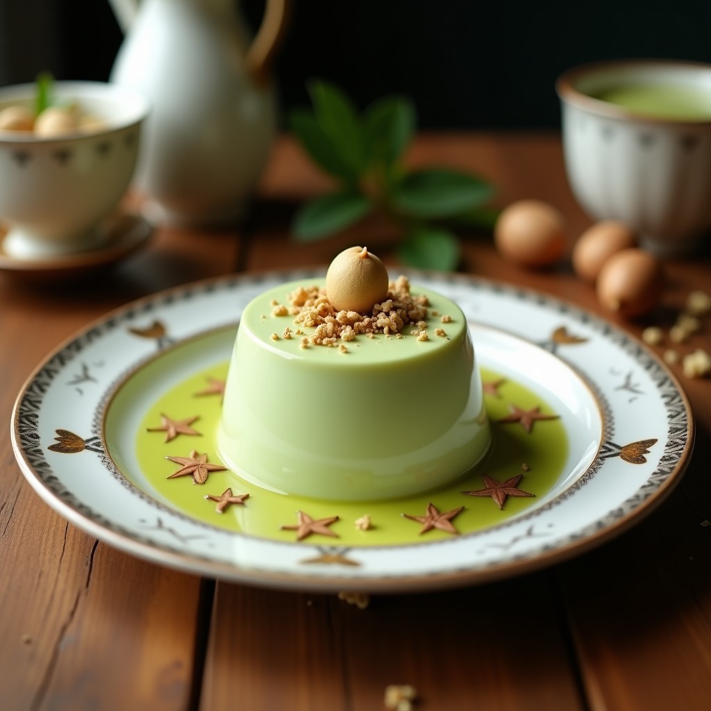 Copas de cristal transparente con mousse de matcha y leche de coco vegano, de color verde pálido, decorada con frutos rojos frescos y coco rallado tostado sobre una mesa de madera rústica.