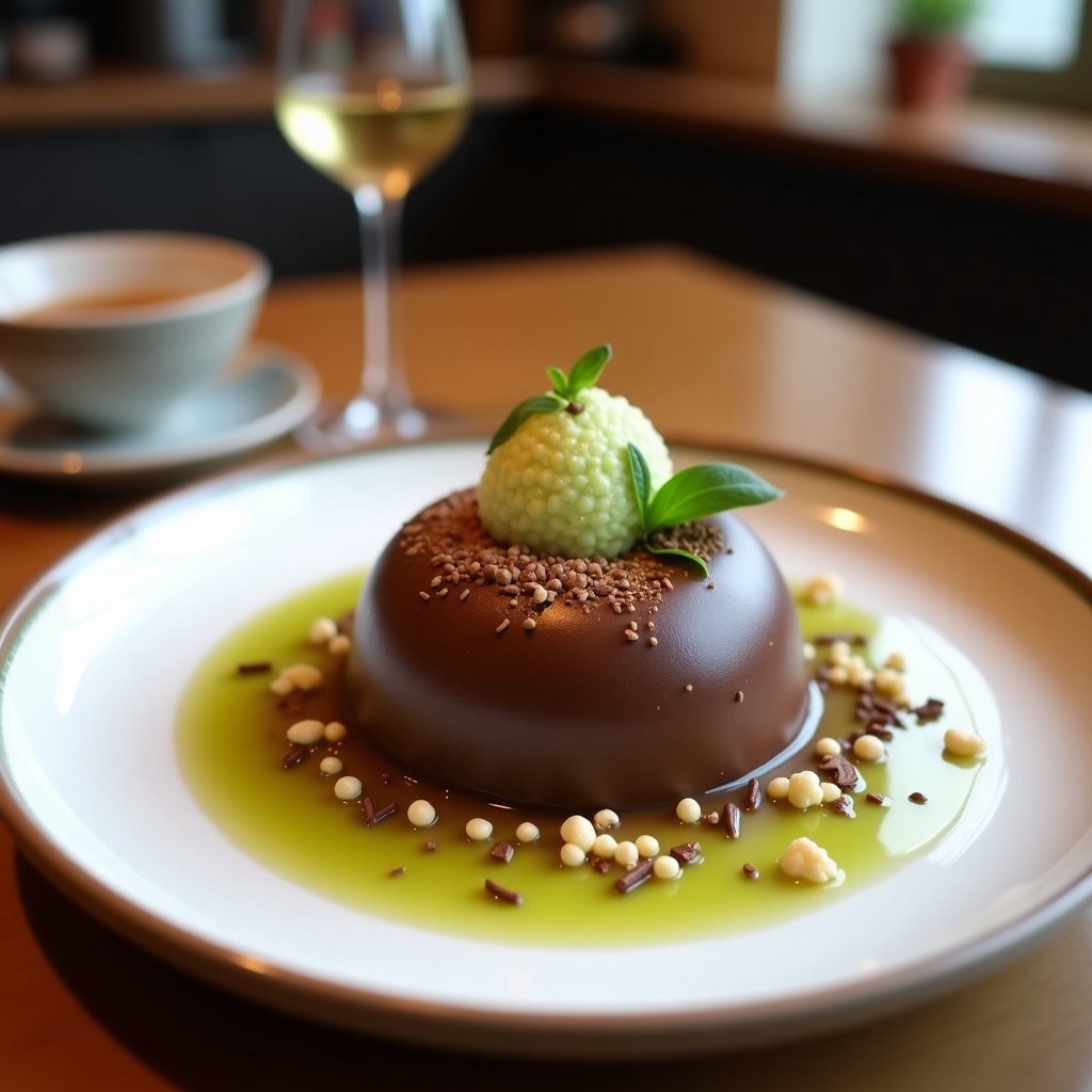 Copa de cristal transparente con mousse de wasabi y chocolate negro sin azúcar, textura sedosa y color oscuro, decorada con semillas de sésamo negro tostado y polvo de cacao, sobre fondo de madera oscura con utensilios de cocina japoneses.