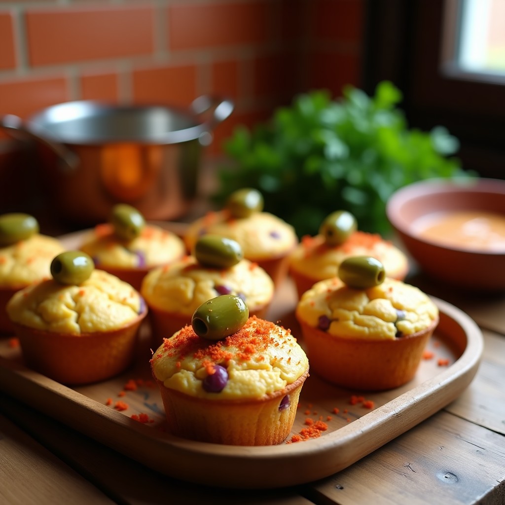 Muffins dorados y esponjosos de aceitunas verdes y pimentón de la Vera servidos en una fuente de cerámica blanca, con trocitos de aceituna visibles y un toque de perejil fresco por encima. Receta sin harina de desayuno español.