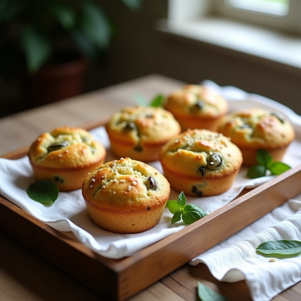 Muffins salados dorados de alcachofa y queso pecorino keto, con semillas de sésamo en la superficie, servidos en una bandeja de madera rústica sobre un paño de algodón blanco.