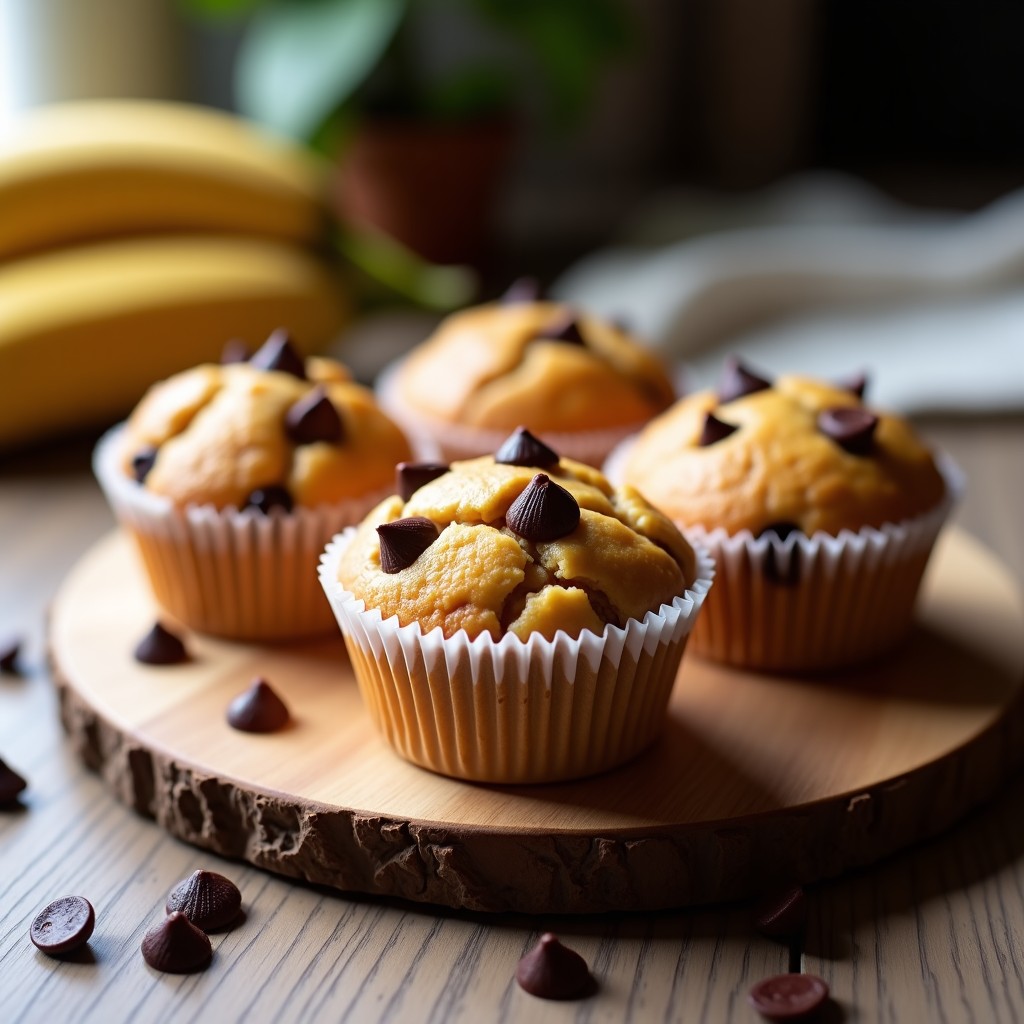 Muffins dorados y esponjosos de harina de arroz y plátano macho, coronados con chips de cacao brillante. Textura húmeda en el interior y crujiente en la superficie, servidos en capacillos de papel sobre una bandeja de madera rústica.