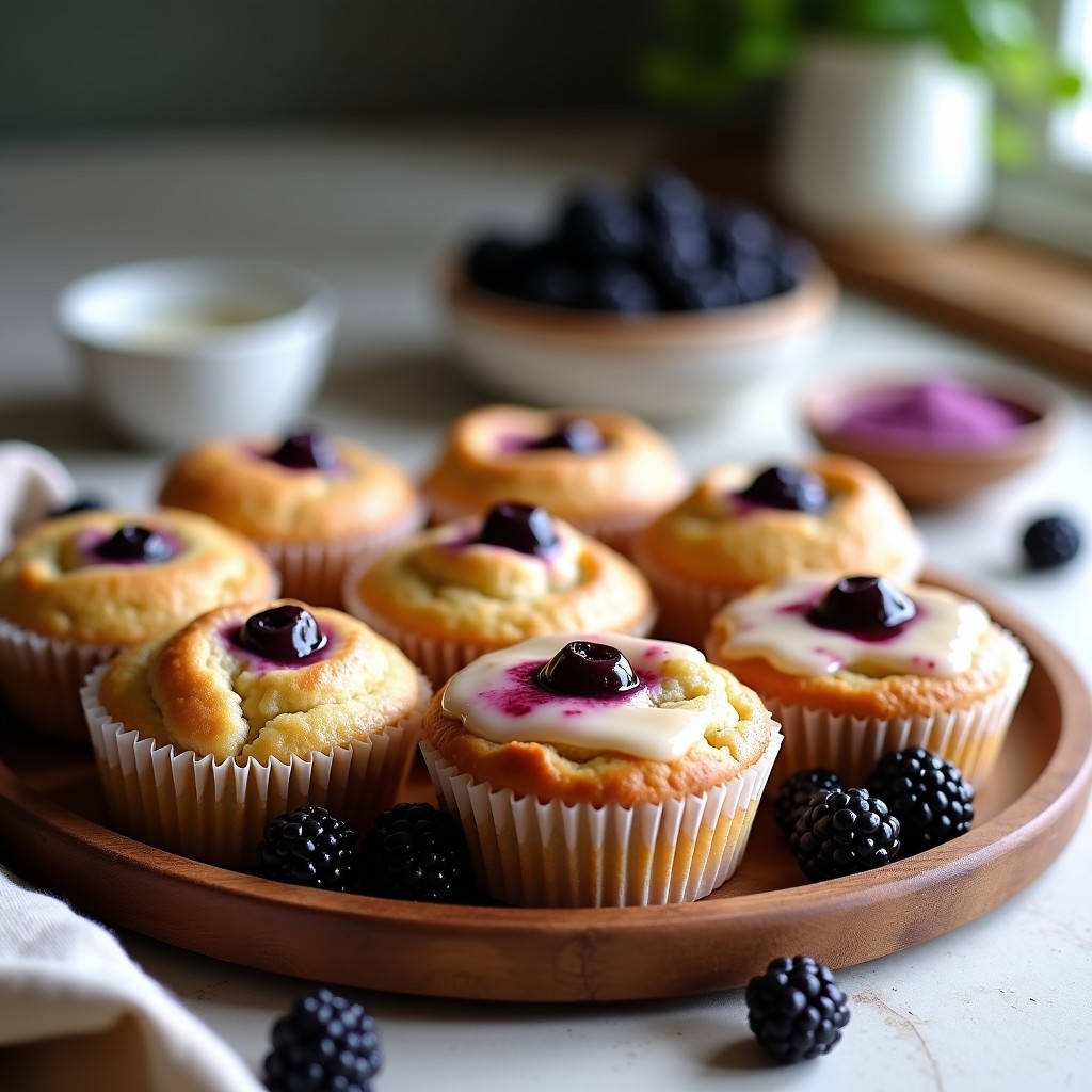 Muffins dorados de harina de arroz con trozos de zarzamora en su interior, glaseado blanco brillante y una zarzamora fresca como decoración, sobre rejilla de enfriado con fondo rústico.