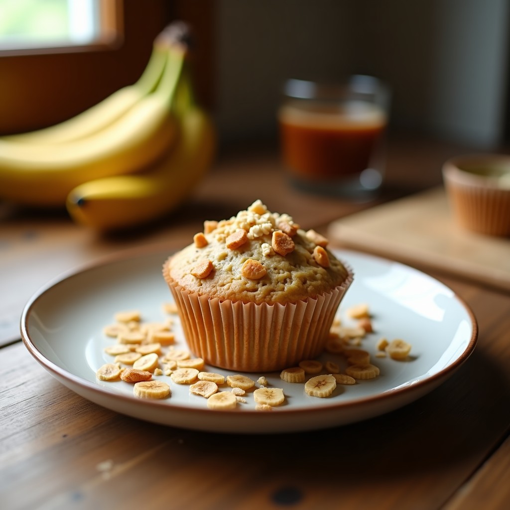 Muffins dorados de avena y banana con chips de coco tostados en la superficie, servidos en cápsulas de papel sobre una tabla de madera rústica. Receta de desayuno sin azúcar, saludable y esponjoso.