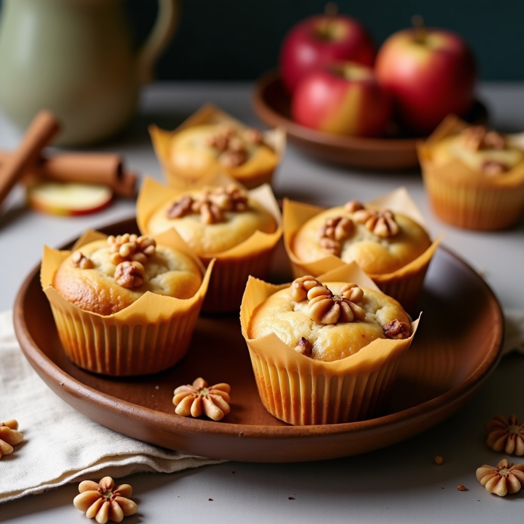 Muffins dorados de avena y manzana sin azúcar en molde de papel, con trozos de manzana asada en la parte superior, textura esponjosa y humeante, servidos en una bandeja de madera rústica.