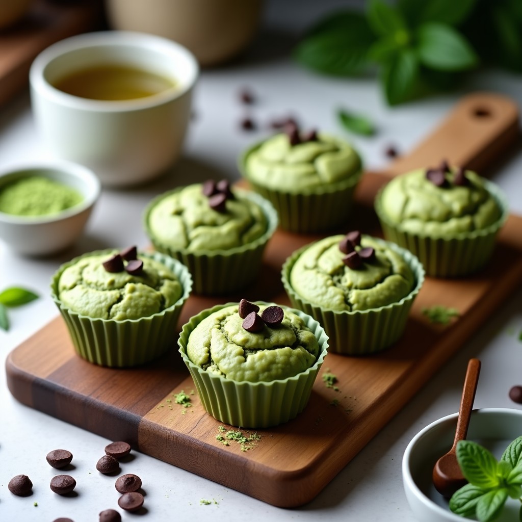 Seis muffins de avena y matcha con chips de cacao en moldes de silicona verdes, dispuestos sobre una tabla de madera rústica. Los muffins tienen un color verde pálido con motas oscuras de cacao, coronados con chips de cacao brillante. Al fondo, hojas de matcha y una taza de té verde.