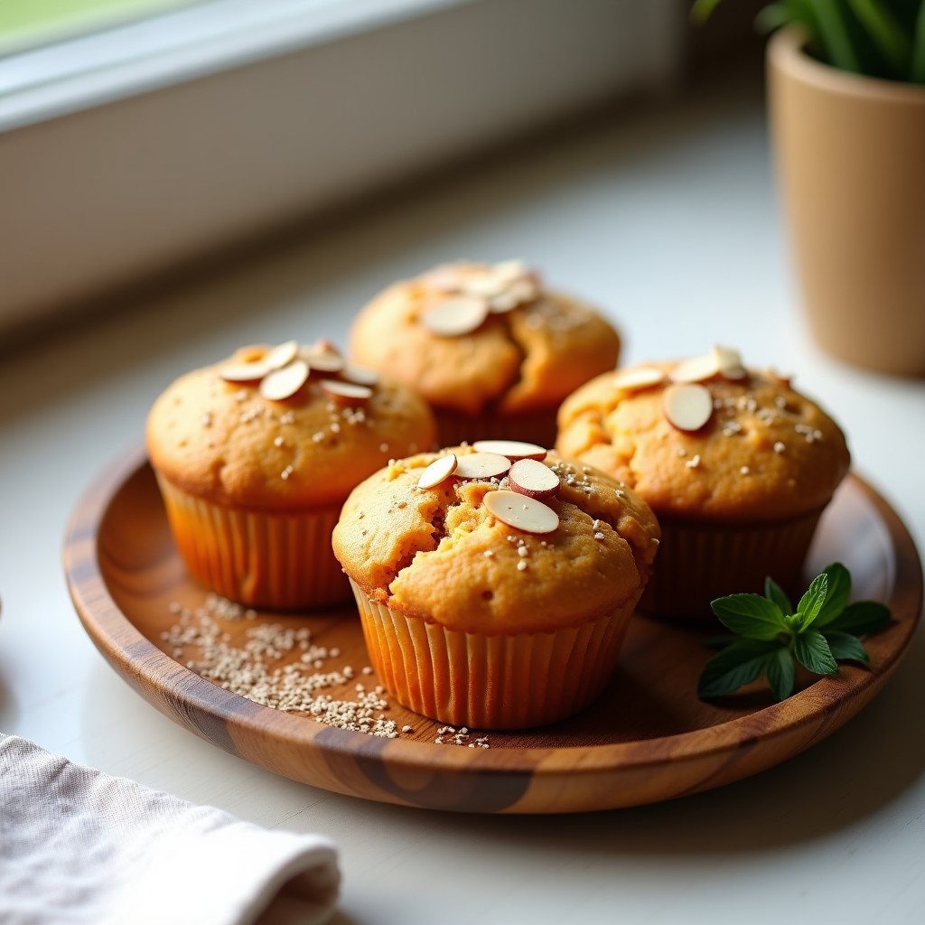 Muffins dorados de avena y puré de boniato con topping crujiente de almendras fileteadas, servidos en molde de papel sobre una tabla de madera rústica, receta de desayuno sin gluten.