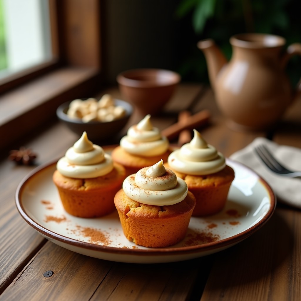 Muffins dorados de boniato y especias chai con frosting cremoso de anacardos, decorados con un espolvoreado de canela, sobre una tabla de madera rústica con hojas de menta.