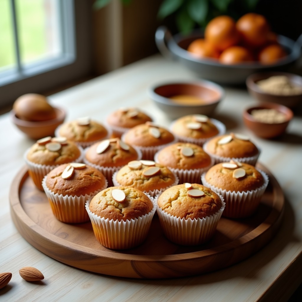 Muffins dorados de boniato y nuez moscada en cápsulas de papel, con almendras fileteadas en la superficie, servidos en una bandeja de madera rústica con un fondo borroso de cocina acogedora.