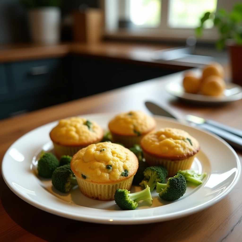 Muffins veganos de brócoli y queso de anacardos servidos en molde de silicona, con textura esponjosa y decorados con semillas de sésamo. Plato de fondo blanco con toques verdes del brócoli y cremosidad del queso.
