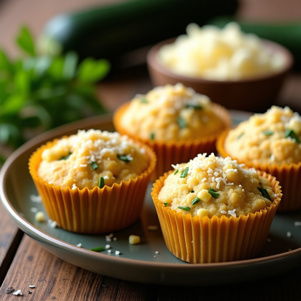Muffins dorados de calabacín y parmesano keto en molde de silicona, con textura esponjosa y trozos de queso fundido en la superficie, sobre fondo rústico de madera con hierbas frescas.