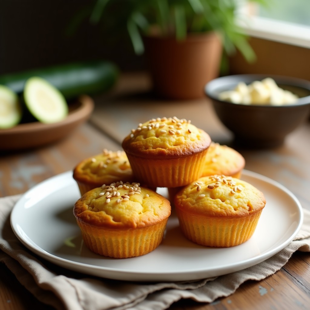 Muffins dorados de calabacín y queso de almendras con azafrán, esponjosos y con semillas de sésamo tostadas por encima, servidos en una bandeja de madera rústica.
