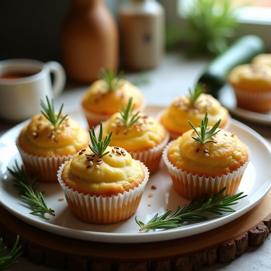 Muffins dorados y esponjosos de calabacín y queso de almendras con toques de romero, horneados en capacillos de papel, sobre una tabla de madera rústica con hojas de romero fresco alrededor.