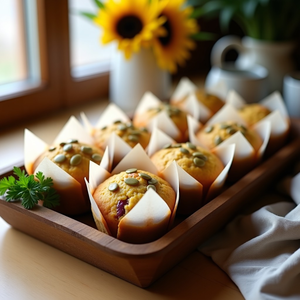 Muffins dorados de calabacín y queso de anacardos en molde de papel, con textura esponjosa y semillas de chía visibles. Desayuno sin gluten y alta en proteína sobre fondo rústico de madera.