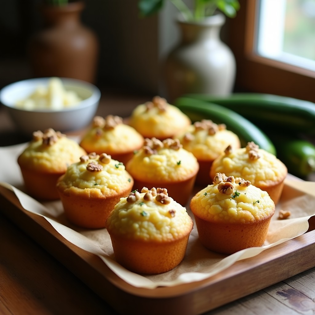 Muffins dorados de calabacín y queso de cabra en molde, con trozos de nuez visibles, servidos en bandeja rústica con hierbas provenzales espolvoreadas, receta sin harina en Thermomix con toque francés.