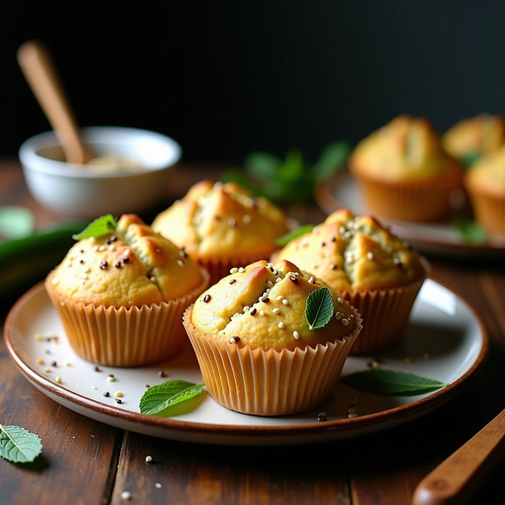 Muffins dorados de calabacín y queso de cabra con especias de zaatar, servidos en molde de papel sobre tabla de madera rústica, acompañados de semillas de sésamo y hojas de menta fresca, receta árabe para desayuno.