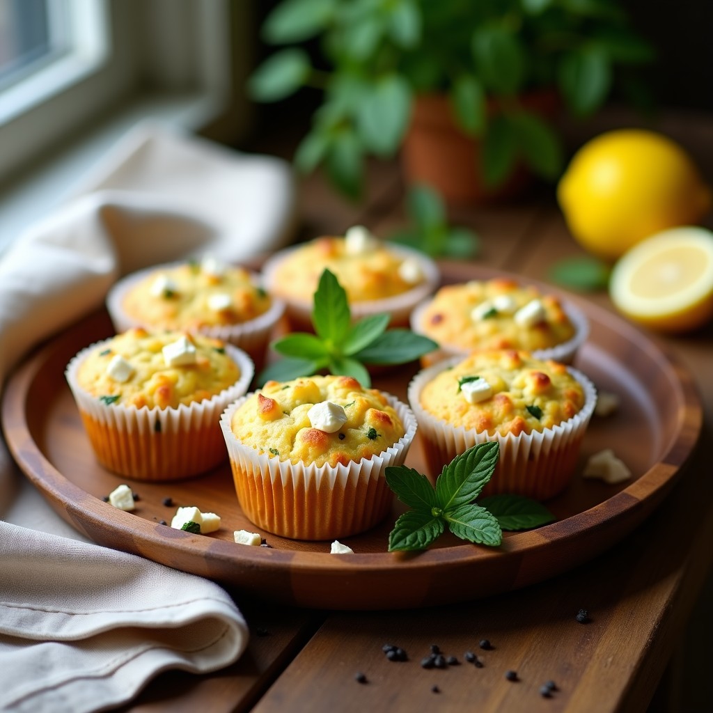 Muffins salados dorados de calabacín y queso feta en molde de papel, con trozos de queso derretido en la superficie, cilantro fresco picado y ralladura de limón. Desayuno bajo en carbohidratos sobre fondo rústico de madera.